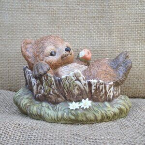Vintage Homco Masterpiece Porcelain Bear in Wood Tub Figurine